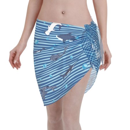 Adobk Women Beach Sarong Bathing Suit Sharks On White Blue Striped Print Wrap Skirt Sheer Bikini Swimsuit Cover Ups For Swimwear