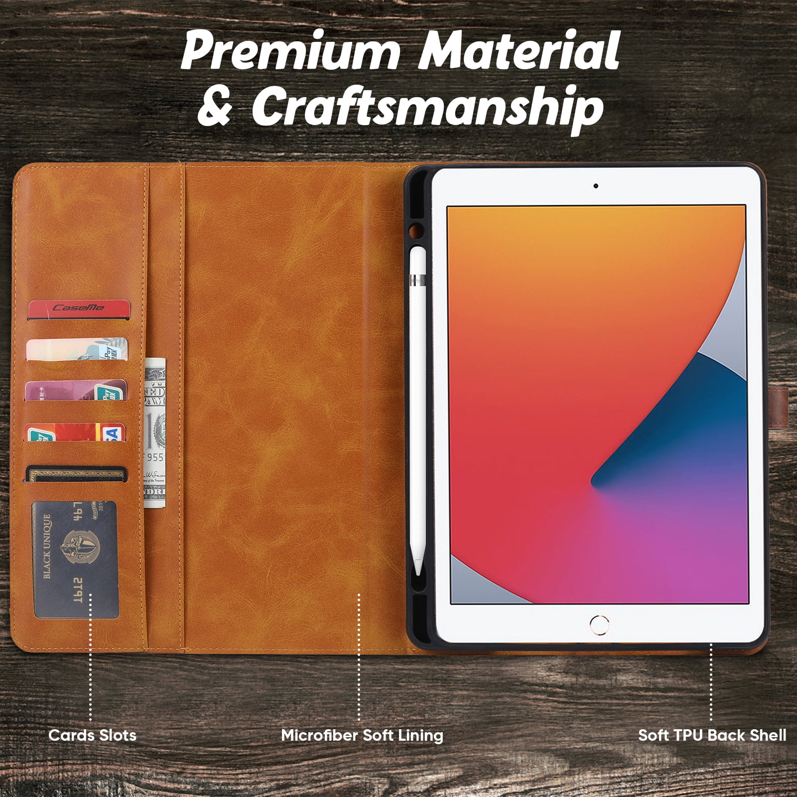 Flip Case for Apple iPad 10.2" 9th 8th 7th Generation 2021/2020/2019, Pencil Holder Smart Cover Auto Sleep Wake Protective Documents Pocket Stand Snap Closure Case for iPad 10.2 Inch, Coffee
