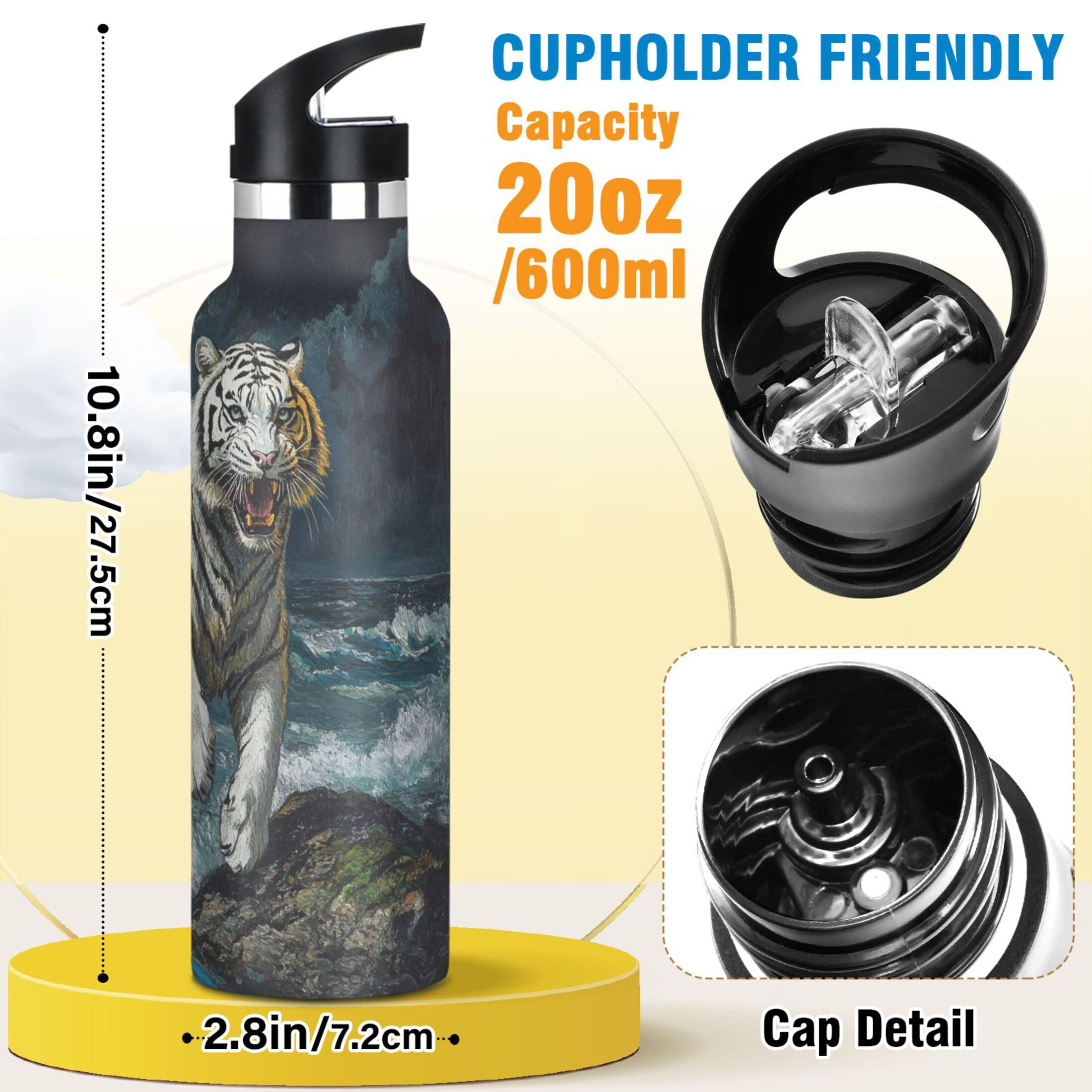 600ML Stainless Steel Insulated Cup Sports Water Bottle Portable Thermos Cup Water Glasses Insulated Tumblers Convenient and Durable The Tiger by The Sea