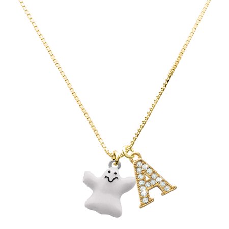 Delight Jewelry Silver-tone White Ghost - Large Goldtone Crystal Initial - A - Charm Necklace, 17.5"+2"