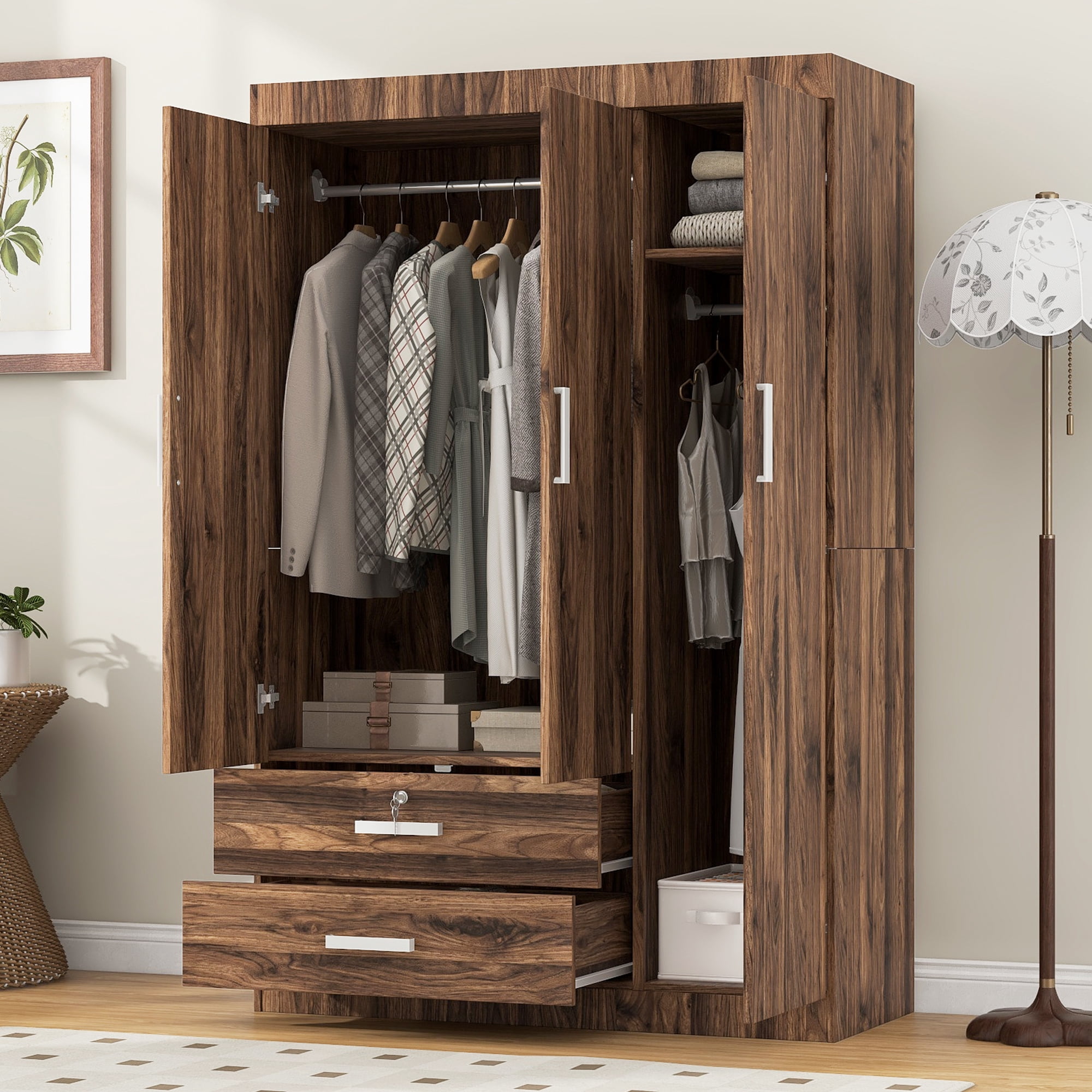 Euroco Modern 68.3" Armoire Wardrobe, 3 Door Bedroom Armoire with Drawers and Hanging Rods Kids Adults, Brown