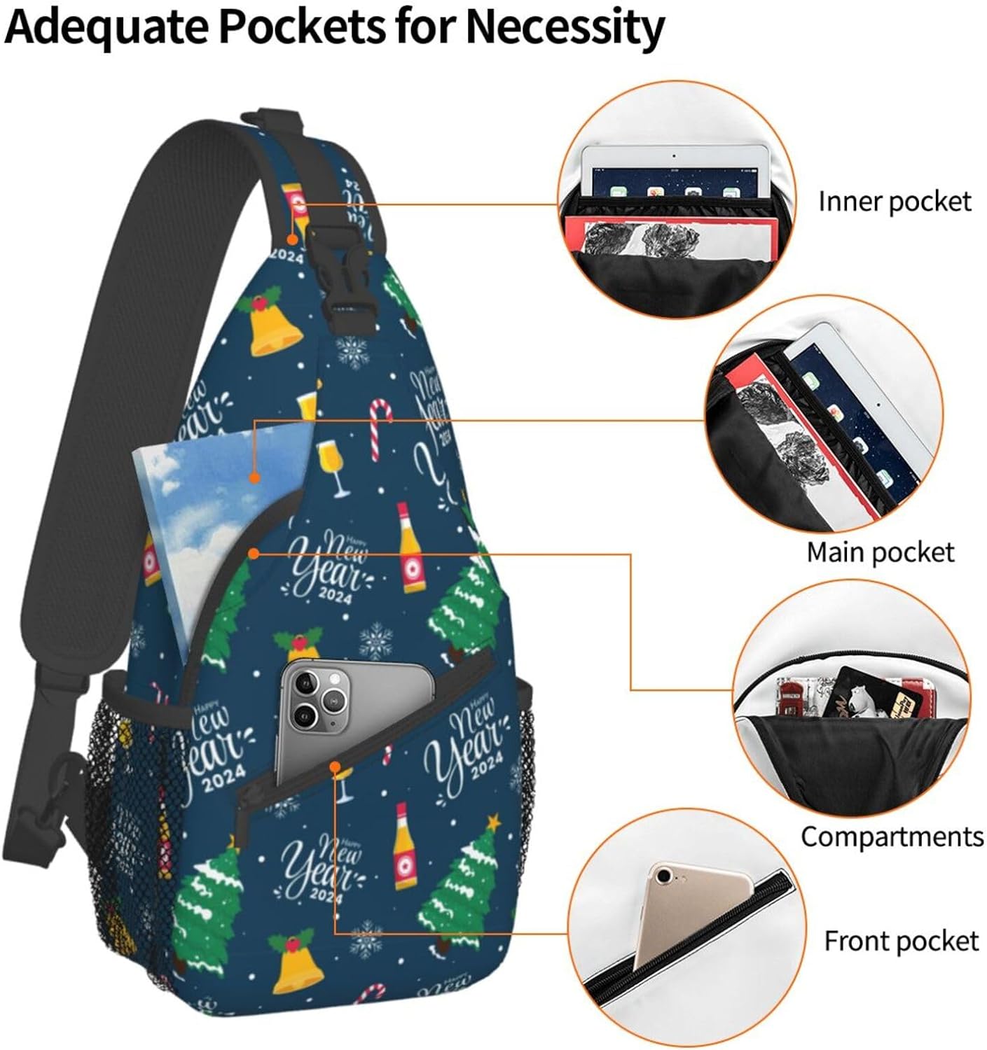 Happy New Year 2024 Sling Bag Crossbody Hiking Travel Chest Bags Backpack Shoulder Daypack for Women Men