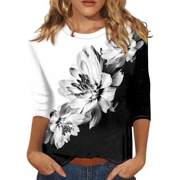 Gpoecd Womens 3/4 Sleeve Blouses Round Neck Casual Plus Autumn Loose Fit Three Point Sleeve Shirt Womens Casual Tops 06_White,L