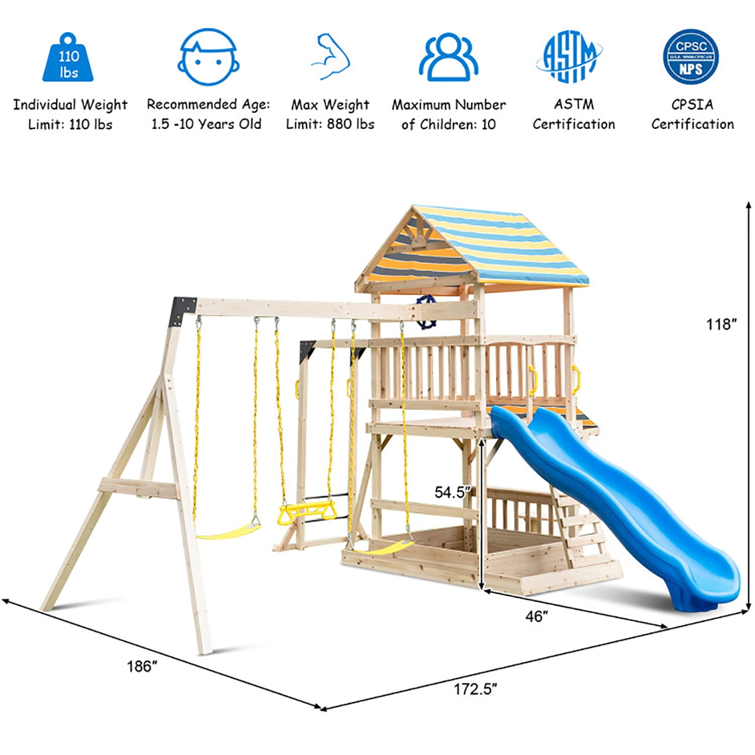 CIPACHO Wooden Kids Swing Set with Large Upper Deck Slide and Steering Wheel, Kids Playground for Backyard