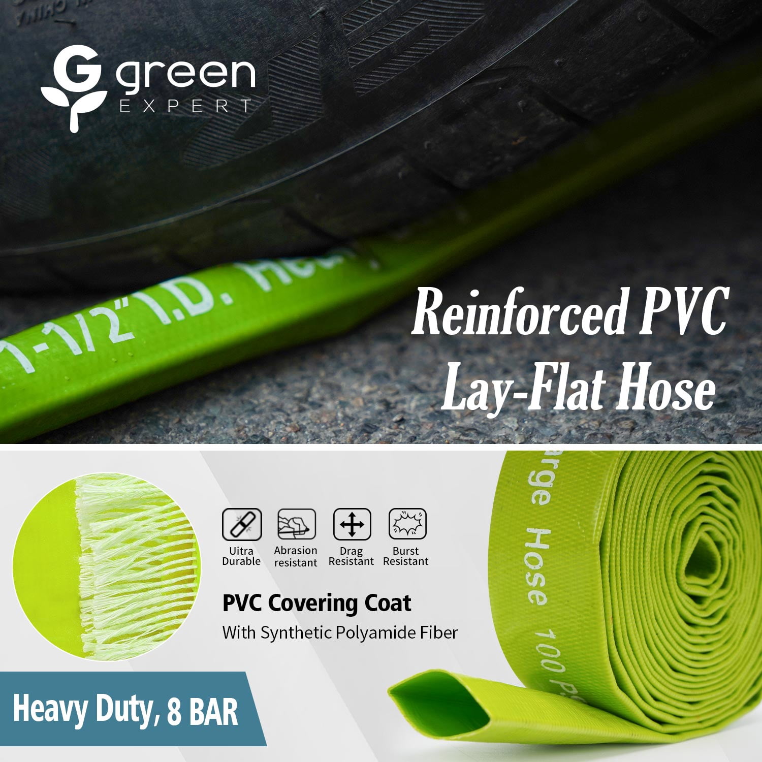 Green Expert 1.5" ID PVC Lay-Flat Discharge Hose Pump Draining Kit Heavy Duty Pool Filter Backwash Hose Great for Water Disposal in Garden Pond Flooded House 50 Feet Length