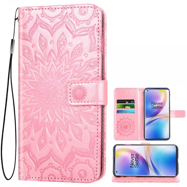 Étui pour Oneplus 8 Pro Portefeuille en Cuir Premium PU Design Embossé Fermeture Magnétique Housse de Protection avec Fentes pour Cartes pour Oneplus 8 Pro, Or Rose