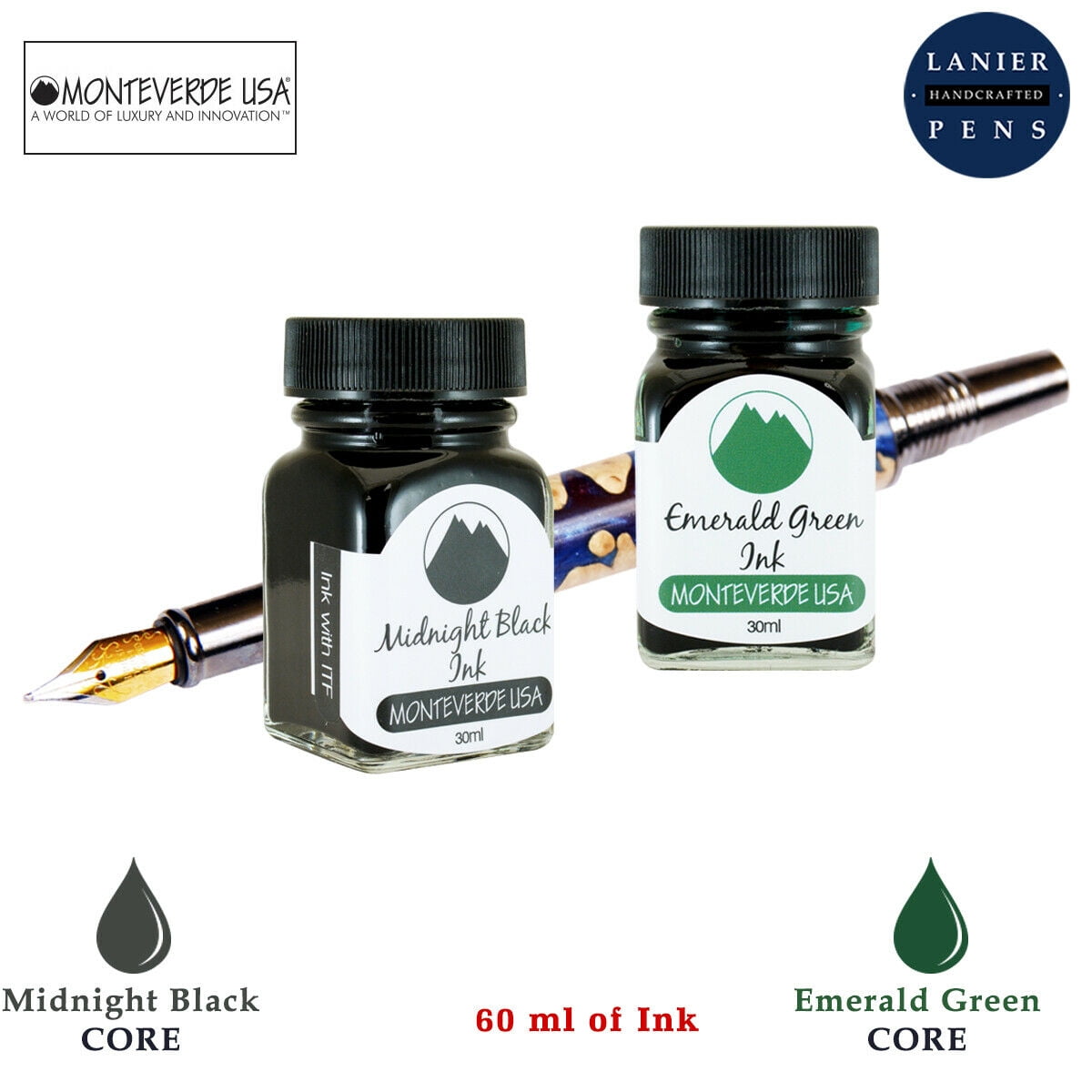 Monteverde 60ml Core Fountain Pen Ink Bottle (30ml Midnight Black Ink Bottle G309MB, 30ml Emerald Green Ink Bottle G309EG)