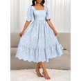 thumbnail image 3 of Blue Eyelet Embroidery Square Neck Short Sleeve A-Line Midi Dress With Scallop Hem, 3 of 7
