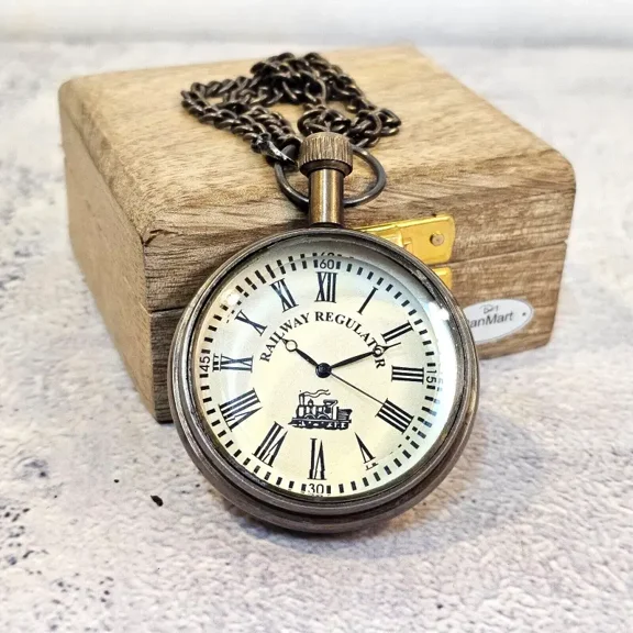 Antique Vintage Brass Pocket Watch With Chain Railway Regulator Collectible Box