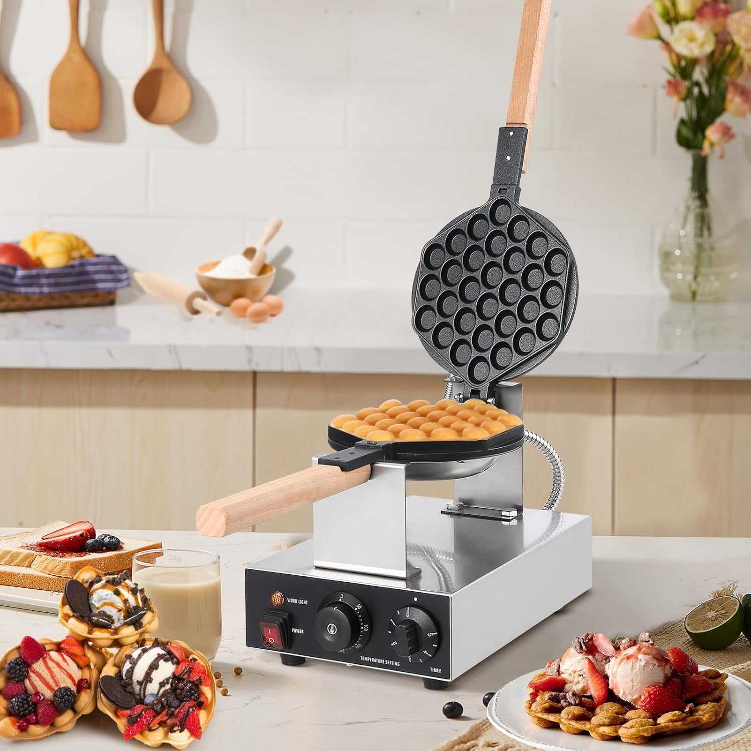 Bubble Waffle Maker, Electric Non Stick Egg Waffler Maker, 1400W Double-sided Heating Bubble Waffle Maker, Electric Bubble Waffle Baker for Home or Commercial Use