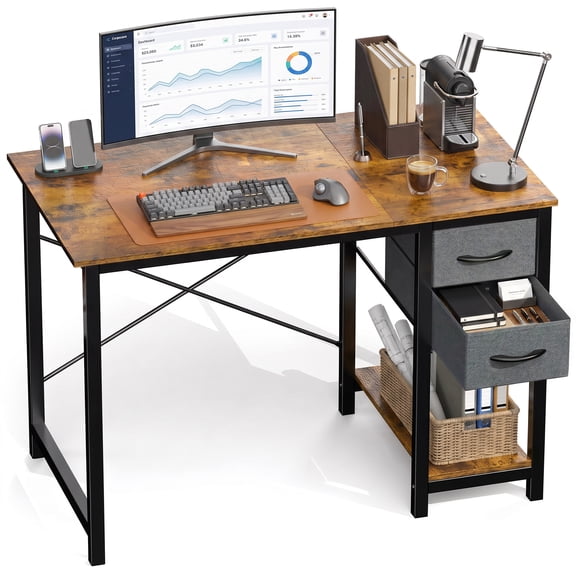 EDX Computer Desk with 2 Drawers 40 Inch PC Table Study Writing Desk with Storage Shelf Headphone Hook, Simple Style Small Desk for Home, Rust