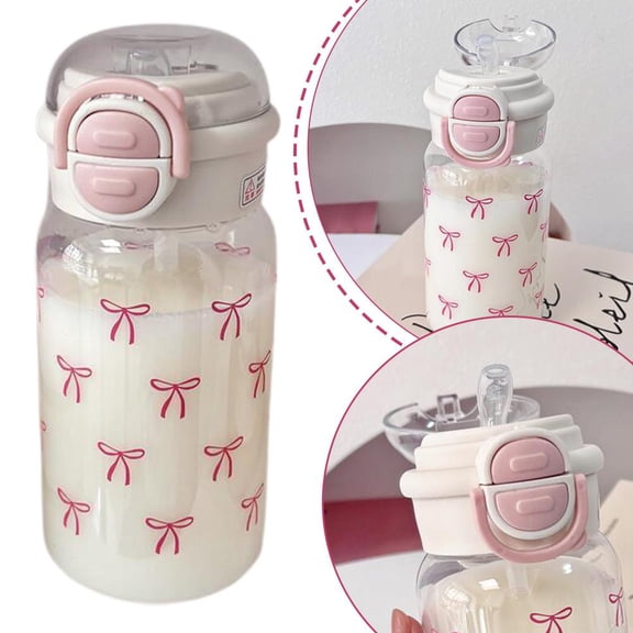 Cute Pink Plastic Water Bottle with Straw & Lid for Girls, 16.9oz Portable Travel Cup