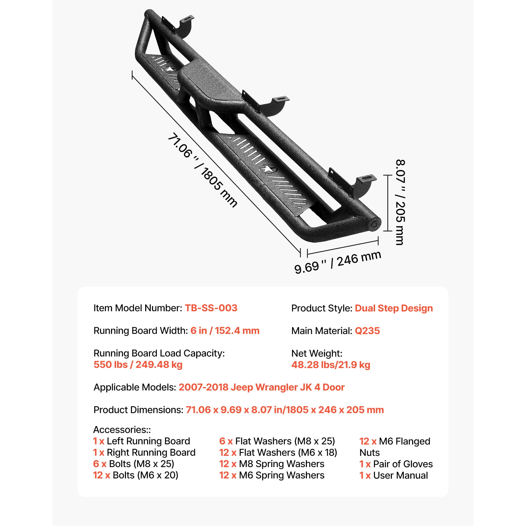 KFFKFF 6-Inch Side Steps for 2007-2018 Jeep Wrangler JK 4-Door, Black Carbon Steel Nerf Bars with 550 lbs Capacity, Non-Slip Hollow Design and Corrosion-Resistant Coating