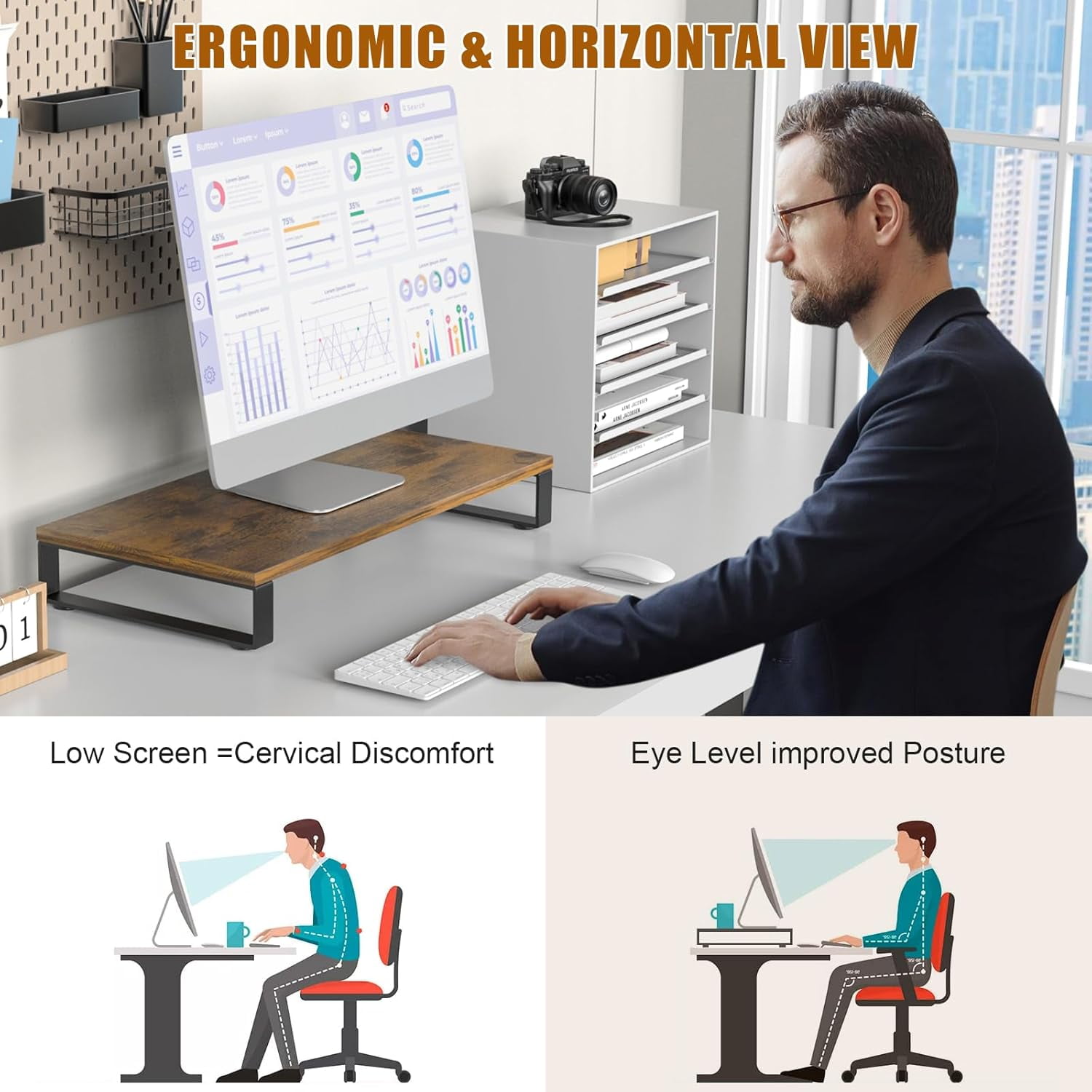 Monitor Stand for Desk, Wood & Steel Computer Stand Riser with Storage Organizer for Office Laptop, PC, Printer 24x12 inch