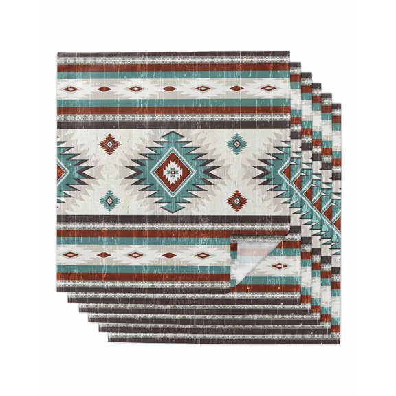 Turquoise Red Boho Cloth Napkins Set of 6 Reusable Dinner Napkins, Southwestern Ethnic Aztec Retro Geometric Cocktail Napkin Washable Table Napkins for Wedding/Holiday Party/Baby Shower 20"x20"