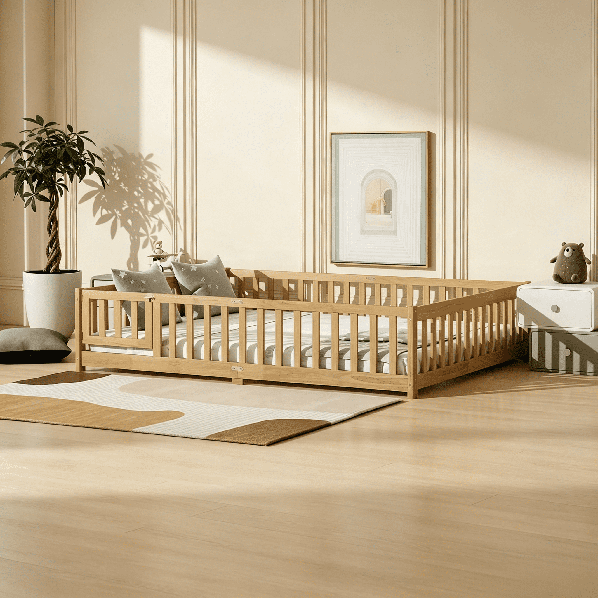 Queen Size Rubber Wood Montessori Floor Bed with Full Surround Safety Guardrails & Access Door, 7 Plywood Slats Support, No Box Spring Needed, 500LBS Capacity for Kids Bedroom