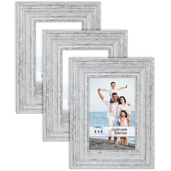 Icona Bay Cadres Photo 4x6 (Gris Moucheté, Lot de 3), Ensemble de Cadres Photo Style Campagnard Français, Montage Mural Ou sur Table, Collection Campagne