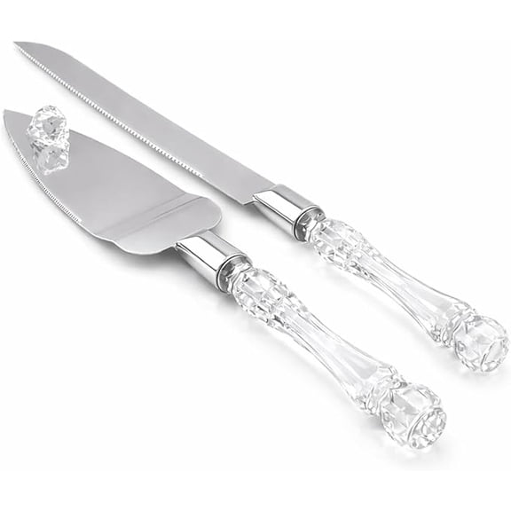 2PCS Cake Knife and Server Set Stainless Steel with Crystal Handle - Perfect for Weddings Anniversaries,and Special Celebrations (Sliver)
