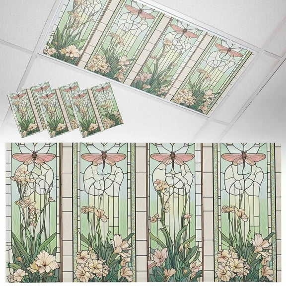 3 Pack Green Vintage Stained Glass Fluorescent Light Covers for Ceiling Lights Flowers Butterfly Magnetic Ceiling Light Covers Overhead Light Filters for Office Classroom Home