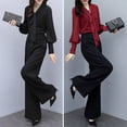thumbnail image 2 of 2 Pcs/Set OL Commuting Outfit Shirt Pants Set Pure Color V Neck Long Sleeve Blouse High Waist Wide Leg Trousers Business Office Clothes, 2 of 8