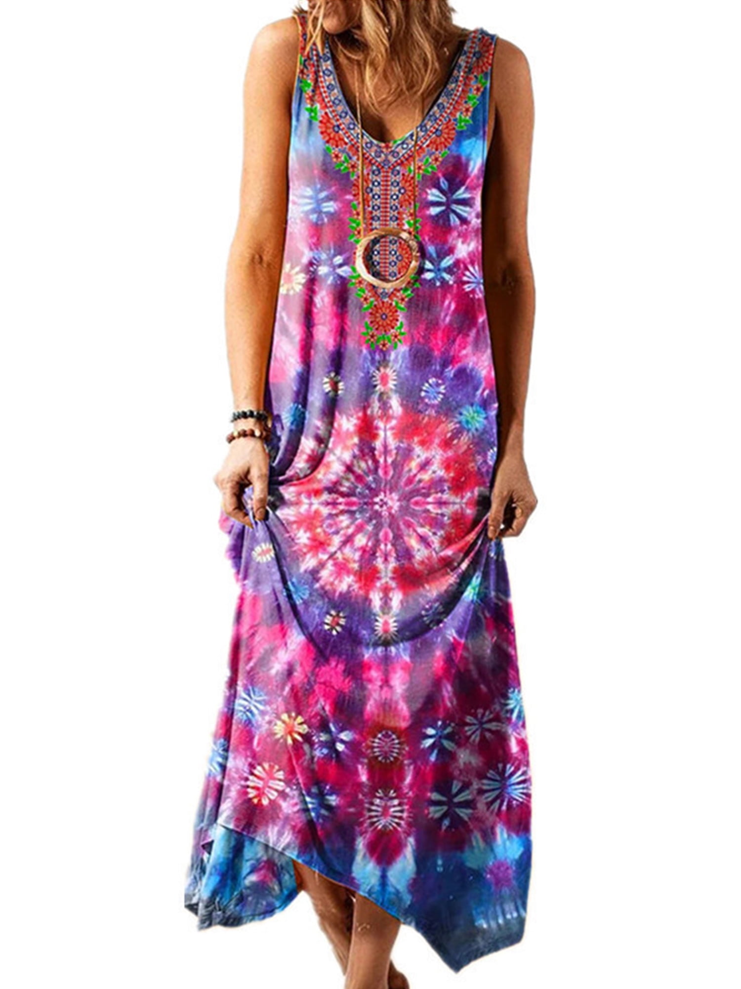 Tshirt Dress with Pockets for Women Tie Dye Print Summer Floral Mini Dress V-Neck Drawstring Sundresses 