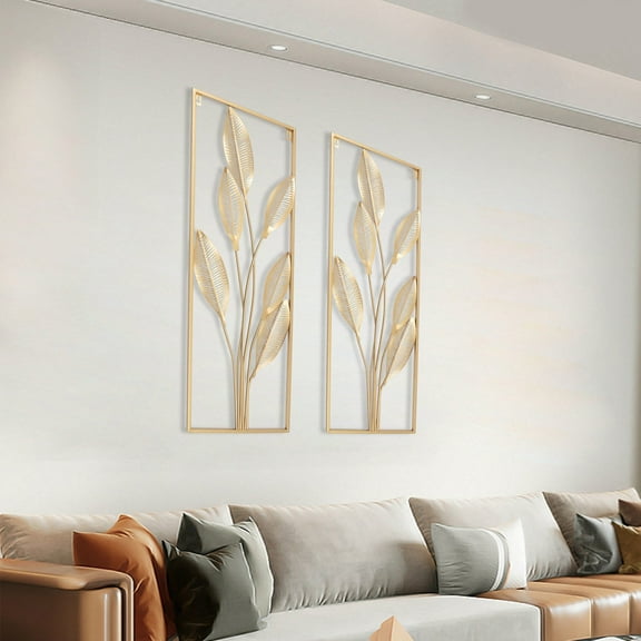 2 pcs Wall Sculptures Golden Leaf Wall Hanging Decor Metal Art Wall Sculpture for Living Room, Bedroom