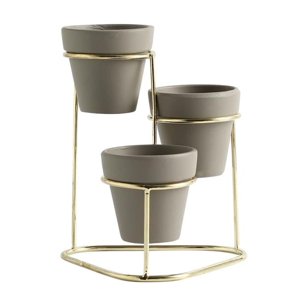 3 macetas de cerámica para suculentas, modernas macetas de interior con soporte, con mini macetas. Oro B