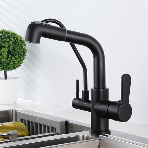 3 Way Kitchen Faucet with Pull Out Spray Swivel Hot and Cold Water Multifunction Brass Kitchen Sink Faucet-Black