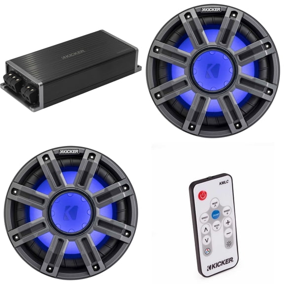 Kicker Marine KPX500.1 Powersports Amp & (2) 10" 4 Ohm Premium Marine Subwoofer (Charcoal Grill ) Includes LED Remote