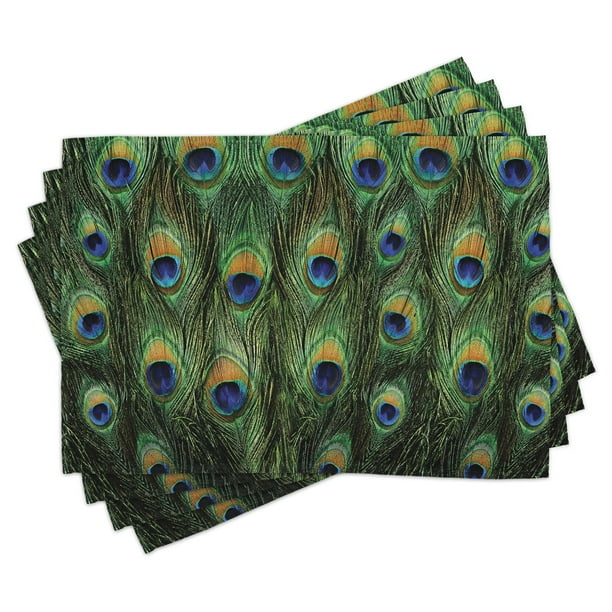 Peacock Placemats Set of 4 Peacock Tail Feathers Tropical Exotic