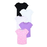 Wonder Nation Girls Kid Tough T-Shirt with Short Sleeves, 5-Pack, Sizes 4-18 & Plus