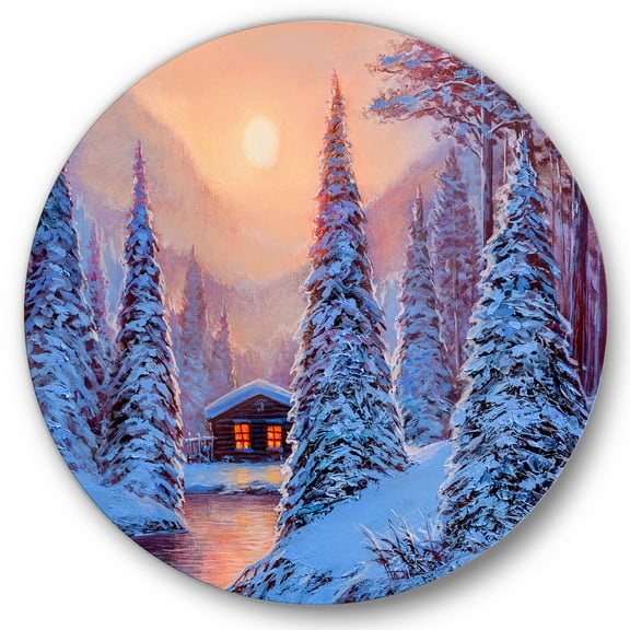 Designart 'The River House In The Woods and Winter Landscape I' Lake House Circle Metal Wall Art 36x36 - Disc of 36