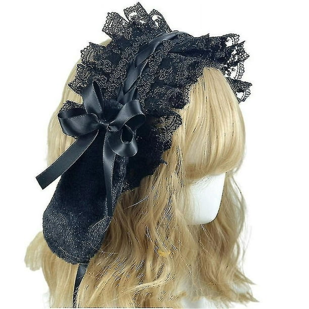 Diadema de encaje con volantes, cinta de encaje de malla, diademas con lazo, diadema con orejas de conejo Lolita, adornos para el cabello de Cosplay de Anime