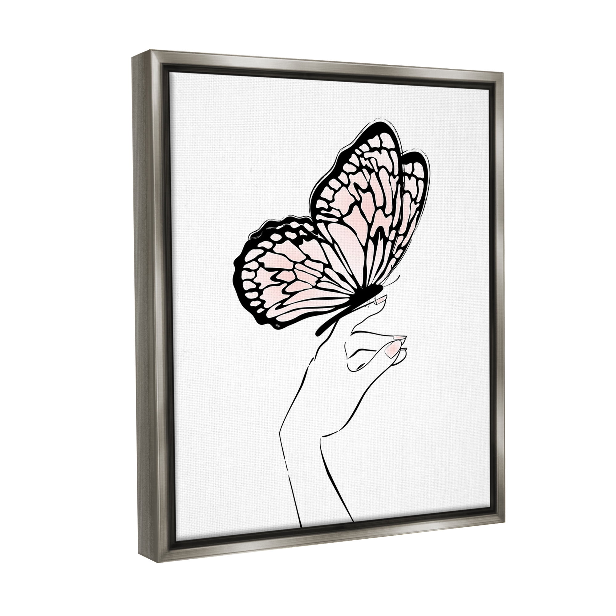 Stupell Industries Minimal Hand & Butterfly Animals & Insects Painting Gray Floater Framed Canvas Art Print Wall Art, 17 x 21