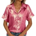 thumbnail image 3 of Womens Button Down Shirts Sequin Solid Dressy Casual Lapel Collar V-Neck Short Sleeved Blouses Tops Relaxed Fit Casual Work Blouses, 3 of 8