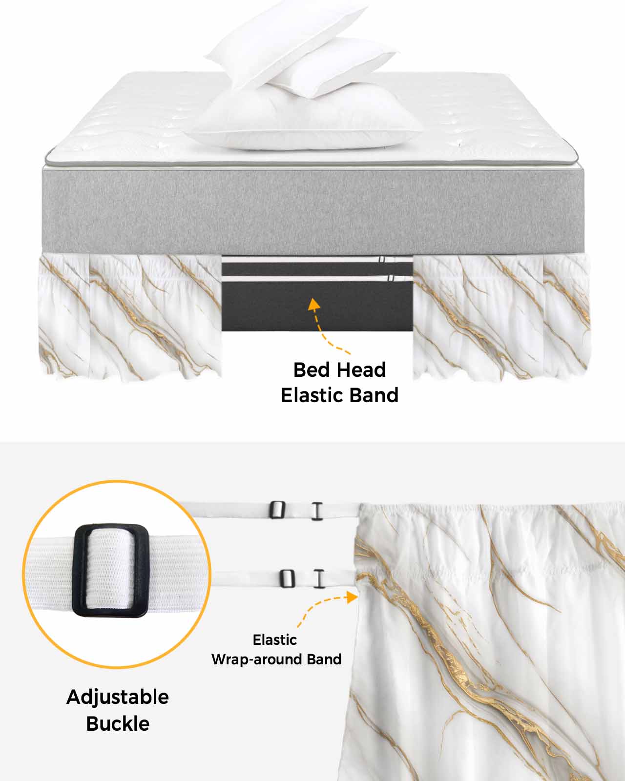 White Golden Marble Wrap Around Bed Skirts for Queen Bed 16" Drop,Bed Skirt with Adjustable Elastic Belt Dust Ruffle Bed Valance for Bedroom Hotel Modern Abstract Art Marble Crack Bed Frame Cover