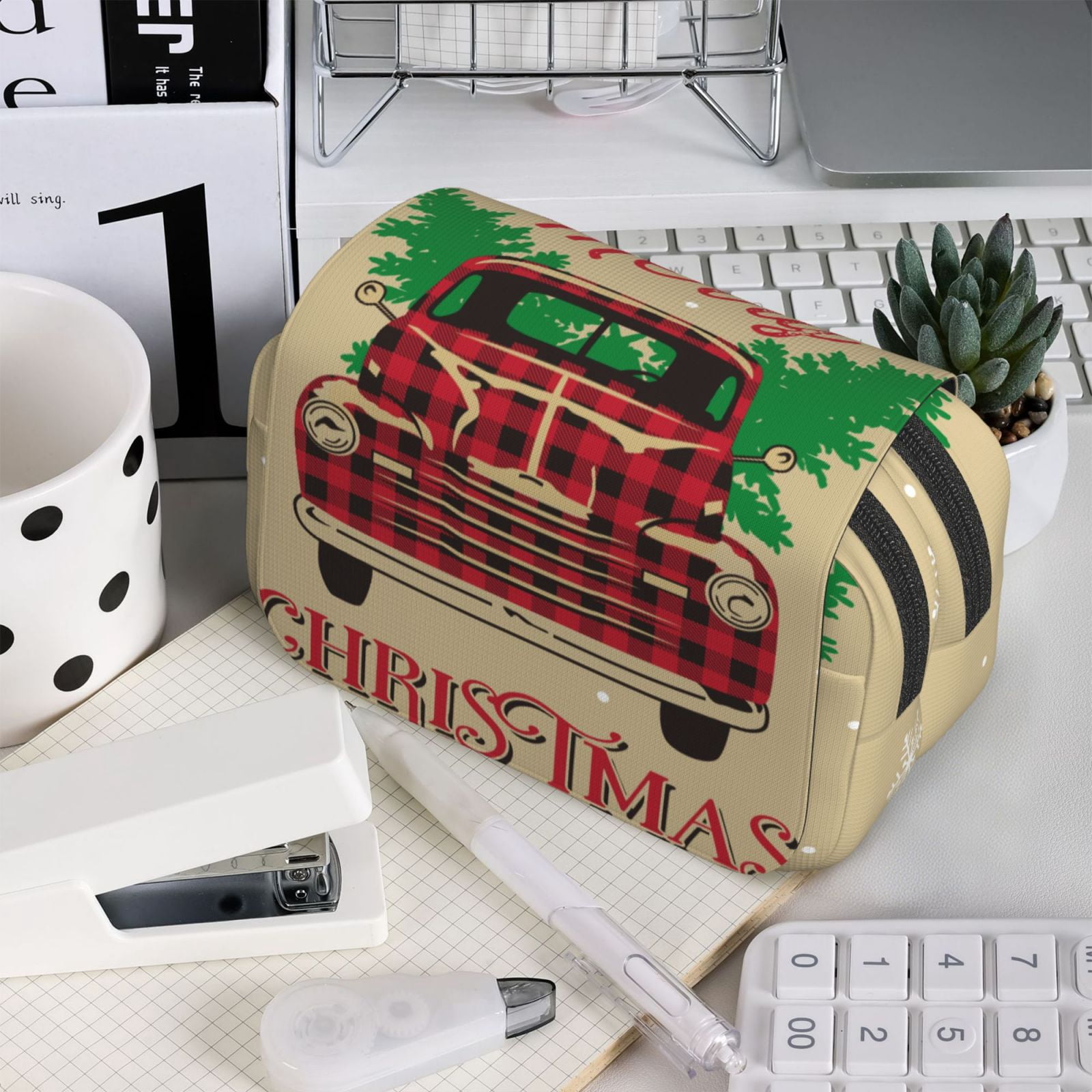 Rateoe Christmas Vintage Red Truck Pattern Double Clamshell Pen Case, Storage Organizer with Two Zipper Compartments– Holds Up to 50 Pencils & Pens