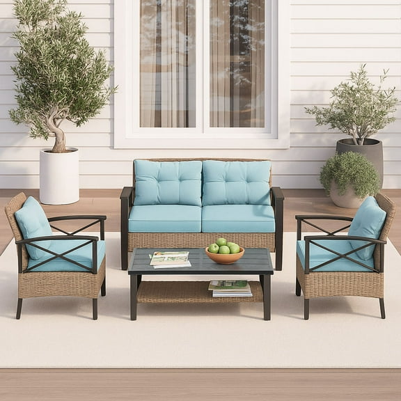 Aminy 4 Piece Outdoor Conversation Set, Patio Rattan Furniture Set with Leisure Chair and Corner Sofa, Blue