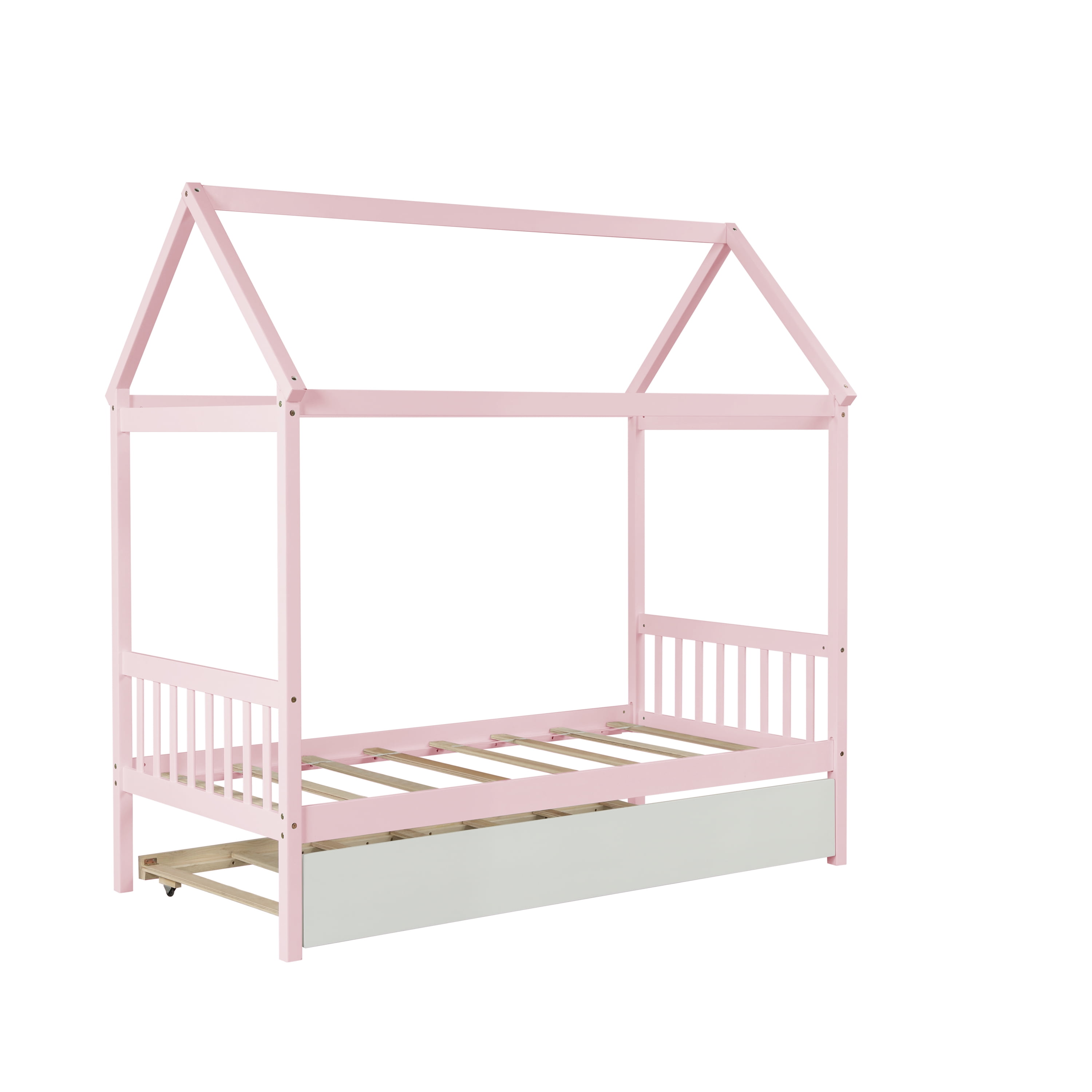 EUROCO Pine Wood House Bed with Trundle for Kids Bedroom, Pink