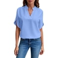 thumbnail image 2 of Uaswgudfs Women's Summer V Neck Short Sleeve Blouse Solid Casual Loose Shirt Chiffon Lightweight Breathable Tops Blue M, 2 of 8