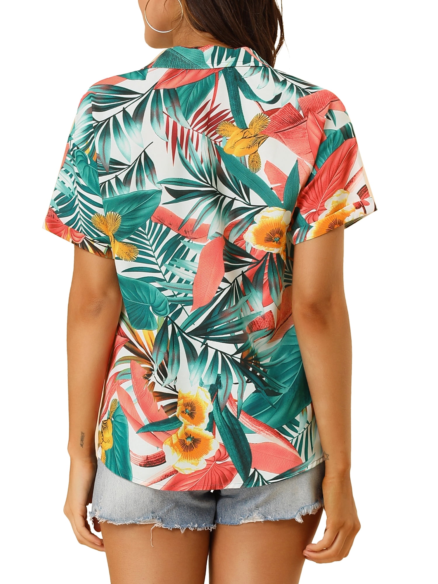 DARING DIVA Floral Leaves Print Short Sleeve Beach Top L White
