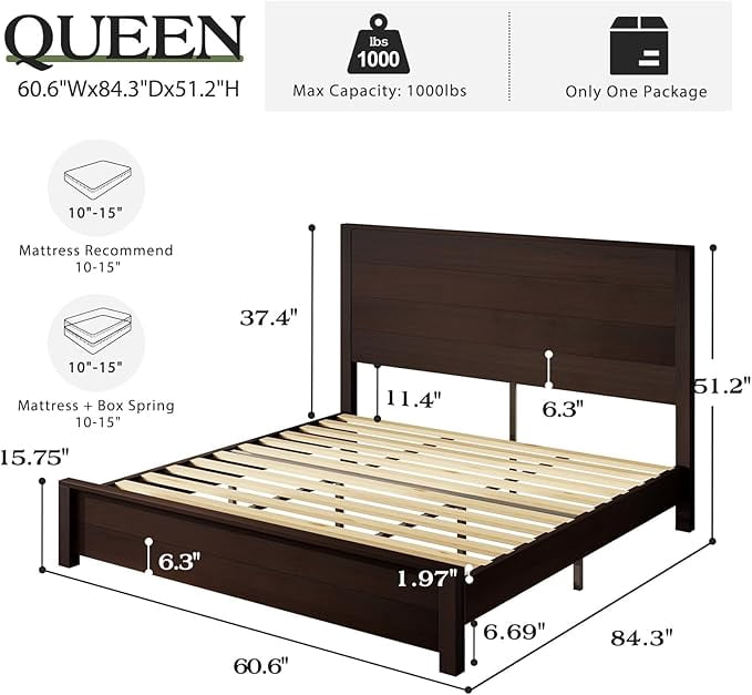 VanAcc Queen Size Wood Platform Bed, Rustic Bed Frame with 51.2" Tall Slatted Headboard, Wooden Slats & Metal Support, Noise Free, Espresso