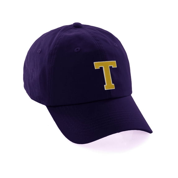 Customized Letter Intial Baseball Hat A to Z Team Colors, Purple Cap White Gold Letter T