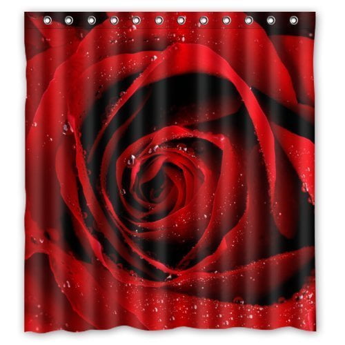 YUSDECOR Flesh Red Rose Flower With Raindrop Waterproof Shower Curtain Set with Hooks Bathroom Accessories Size 66x72 inches