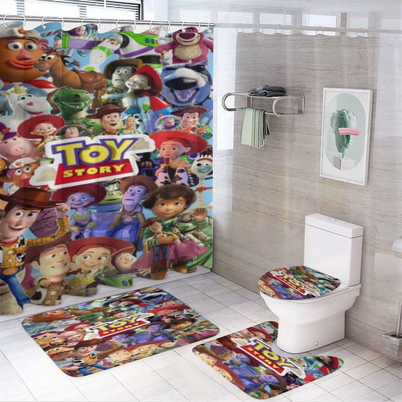 4 Pcs Toy Story Bathroom Set with Shower Curtain with Non-Slip Rugs, Toilet Lid Cover And Non-Slip U Shape Bath Mat, Bathroom Decoration with 12 Hooks 72 X 72 Inches