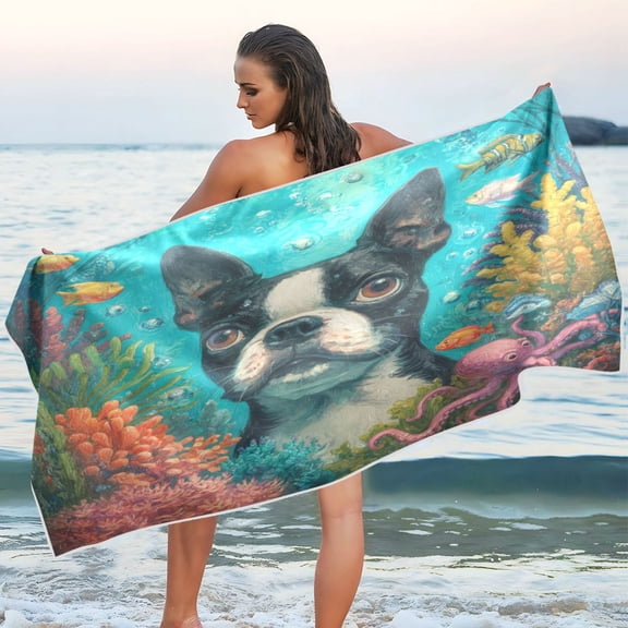 Qxltty Cute Boston Terrier Beach Towel Sand Free Bath Towel Absorbent Quick Dry Soft Lightweight Blanket for Travel Gym Camping 60x30in