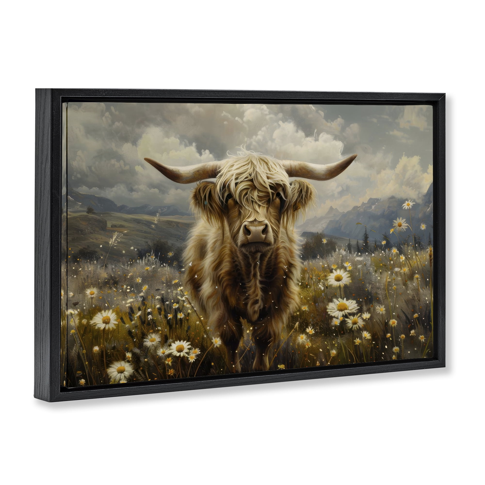 Stupell Industries Cattle in Daisy Field Animals Painting Black Floater Framed Canvas Art Print Wall Art, 25 x 17