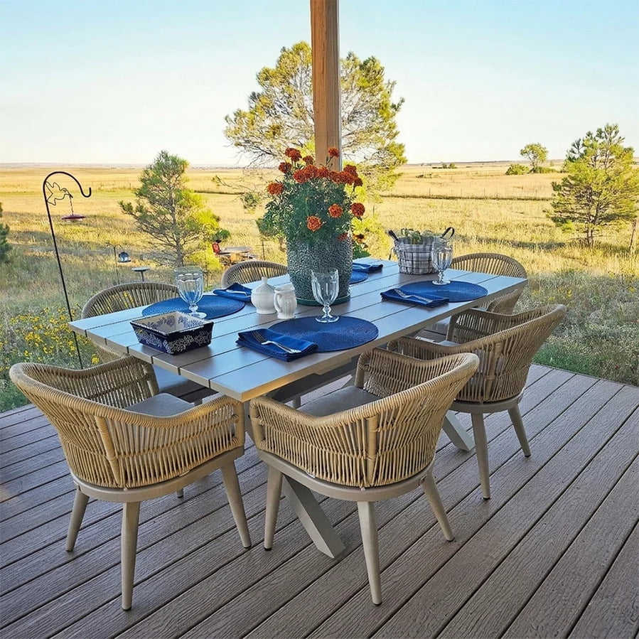 PURPLE LEAF 7 Pieces Patio Dining Set, Rectangular Aluminum Outdoor Table and 6 Wicker Chairs with Cushions for Garden Kitchen and Porch, Champagne