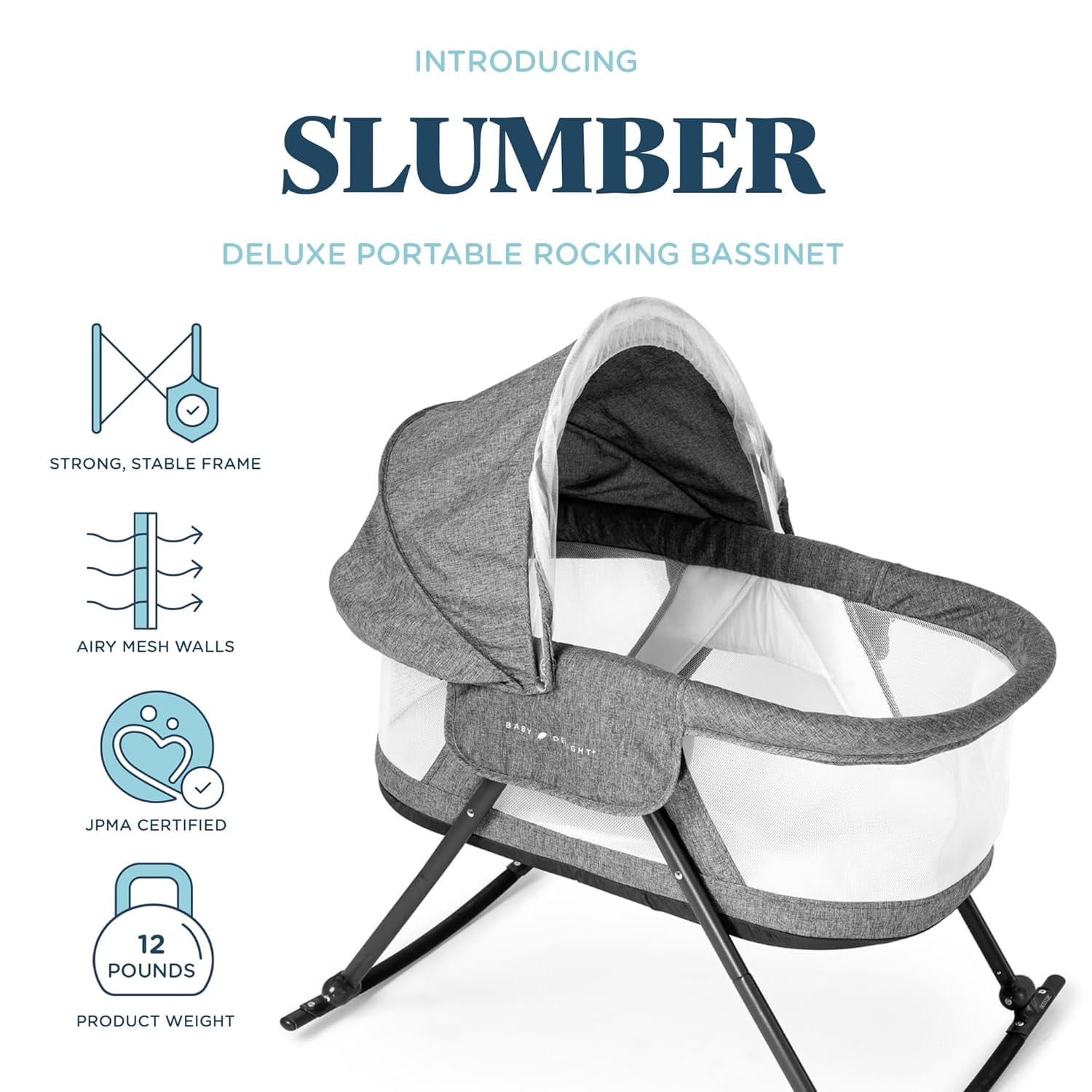 Baby Delight Go with Me Slumber Portable Rocking Infant Bassinet, Removable Canopy, Charcoal Tweed