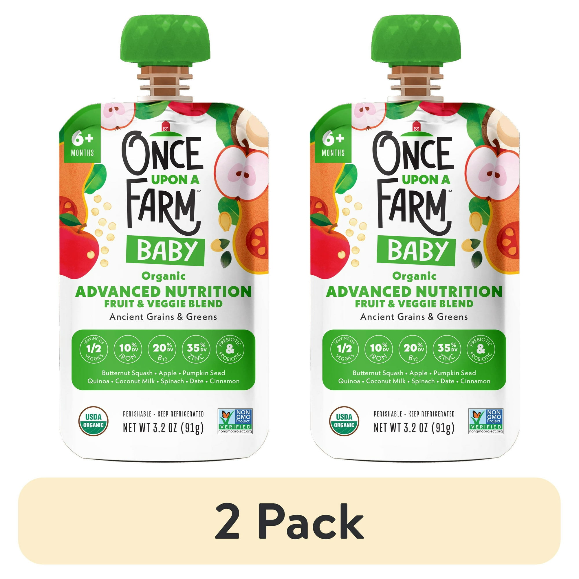 (2 pack) Once Upon a Farm Organic Refrigerated Baby Food Advanced Nutrition Ancient Grains & Greens, 3.2oz Pouch